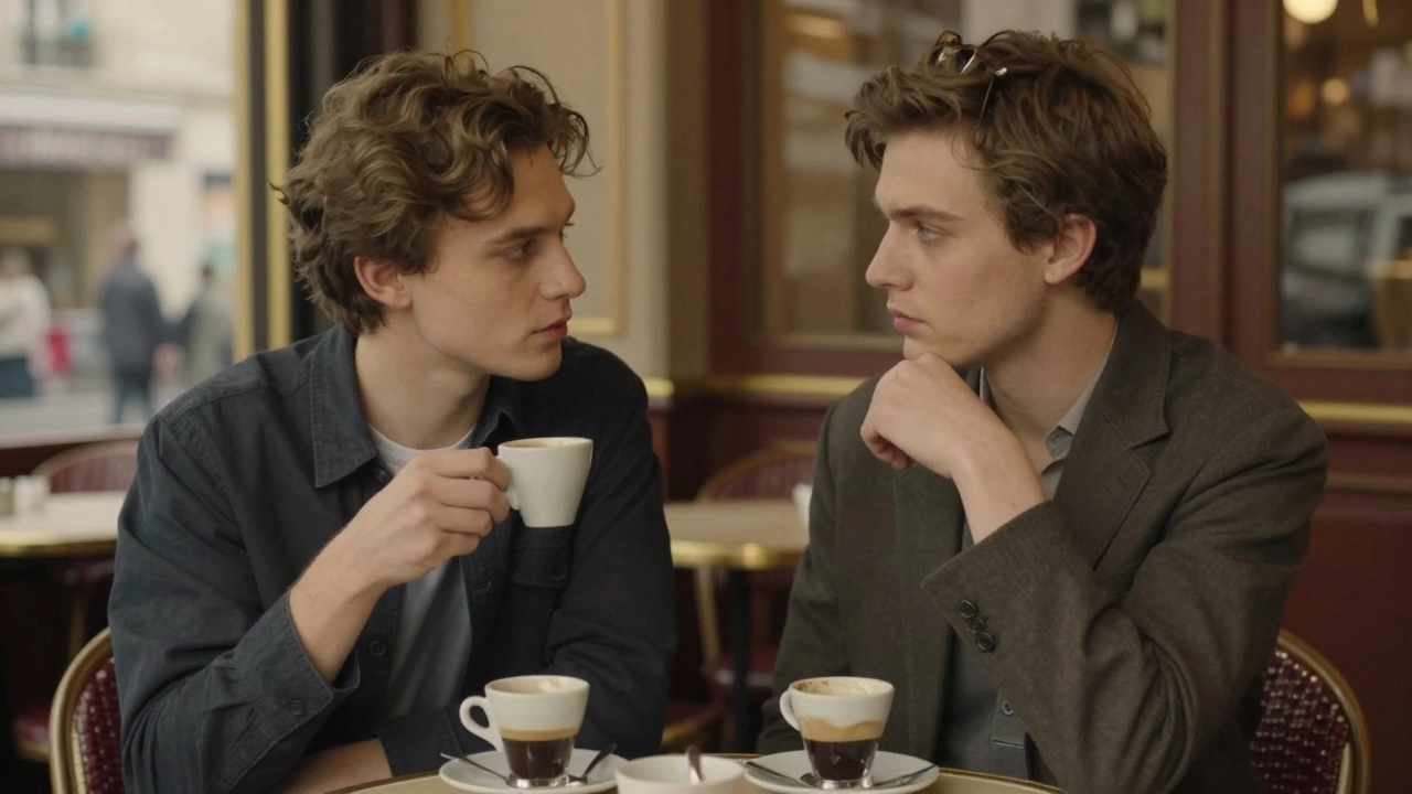 A Russian companion in a Paris café engaged in quiet conversation with a client over espresso.