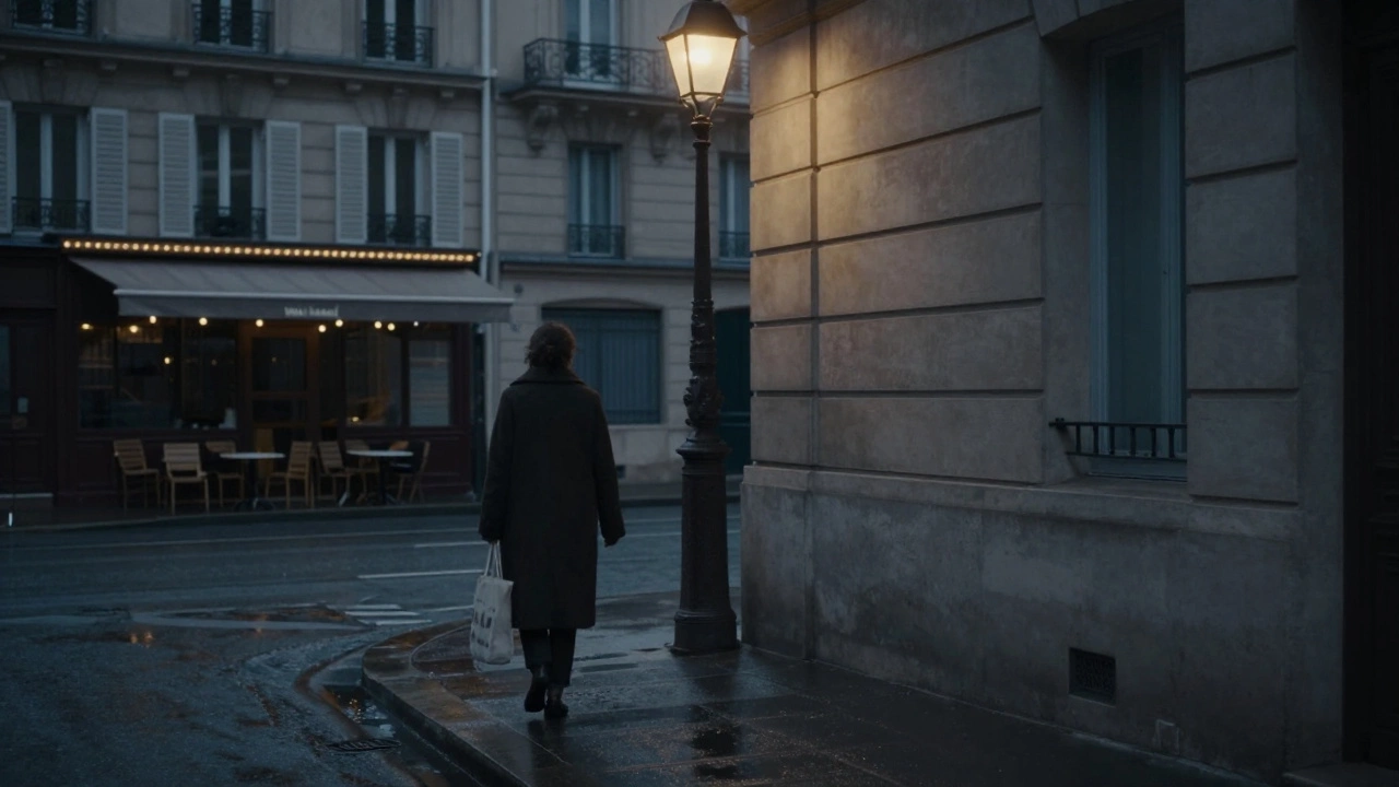 A woman walks away from a discreet building at dawn in Paris, her silhouette framed by soft streetlight.