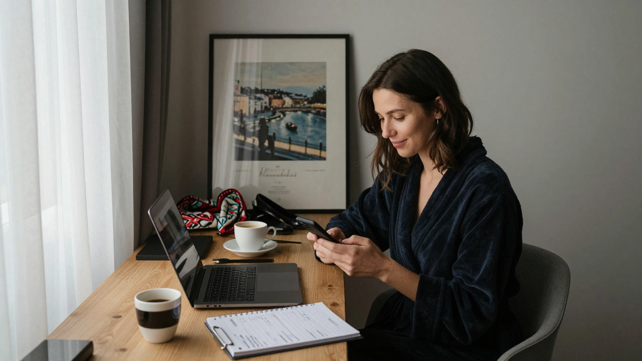 A woman works at her desk in a Paris apartment, typing on a laptop with morning light streaming in.